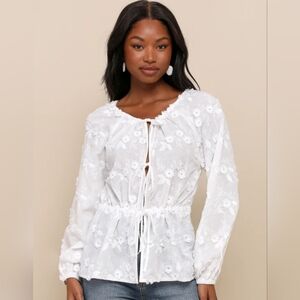 White embroidered draw string blouse NWT